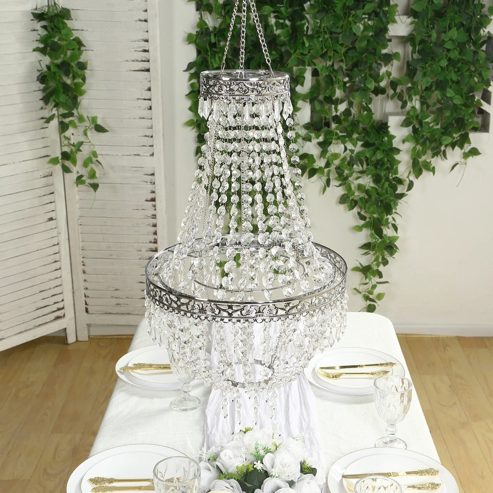 Clear Beaded Crystal Chandelier with Ornate Metal Frame