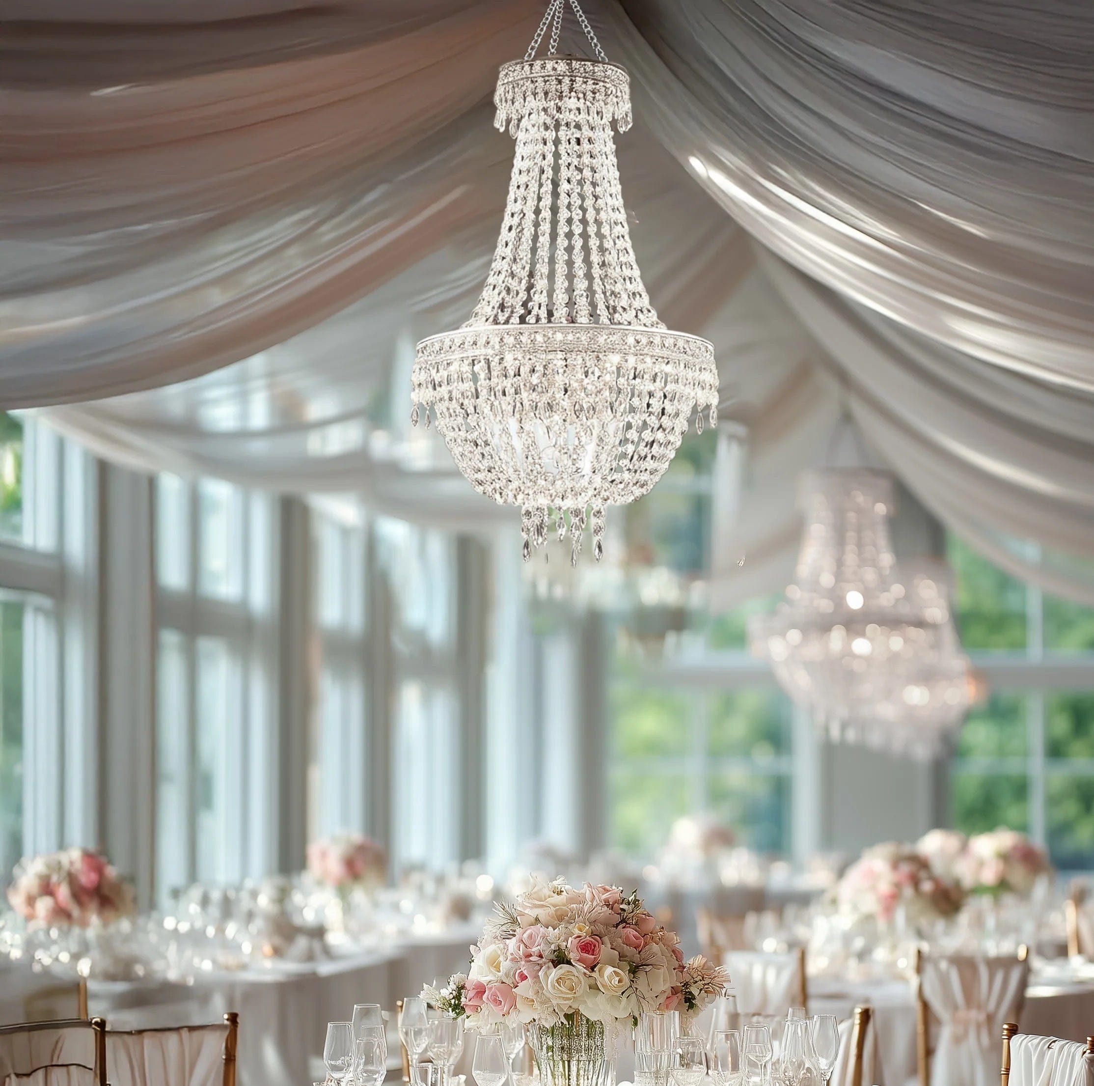 Clear Beaded Crystal Chandelier with Ornate Metal Frame