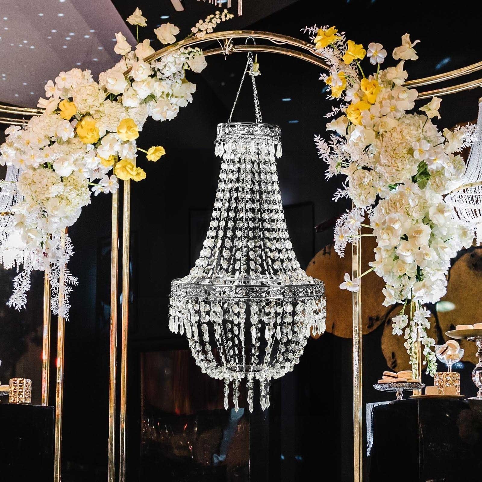 Clear Beaded Crystal Chandelier with Ornate Metal Frame