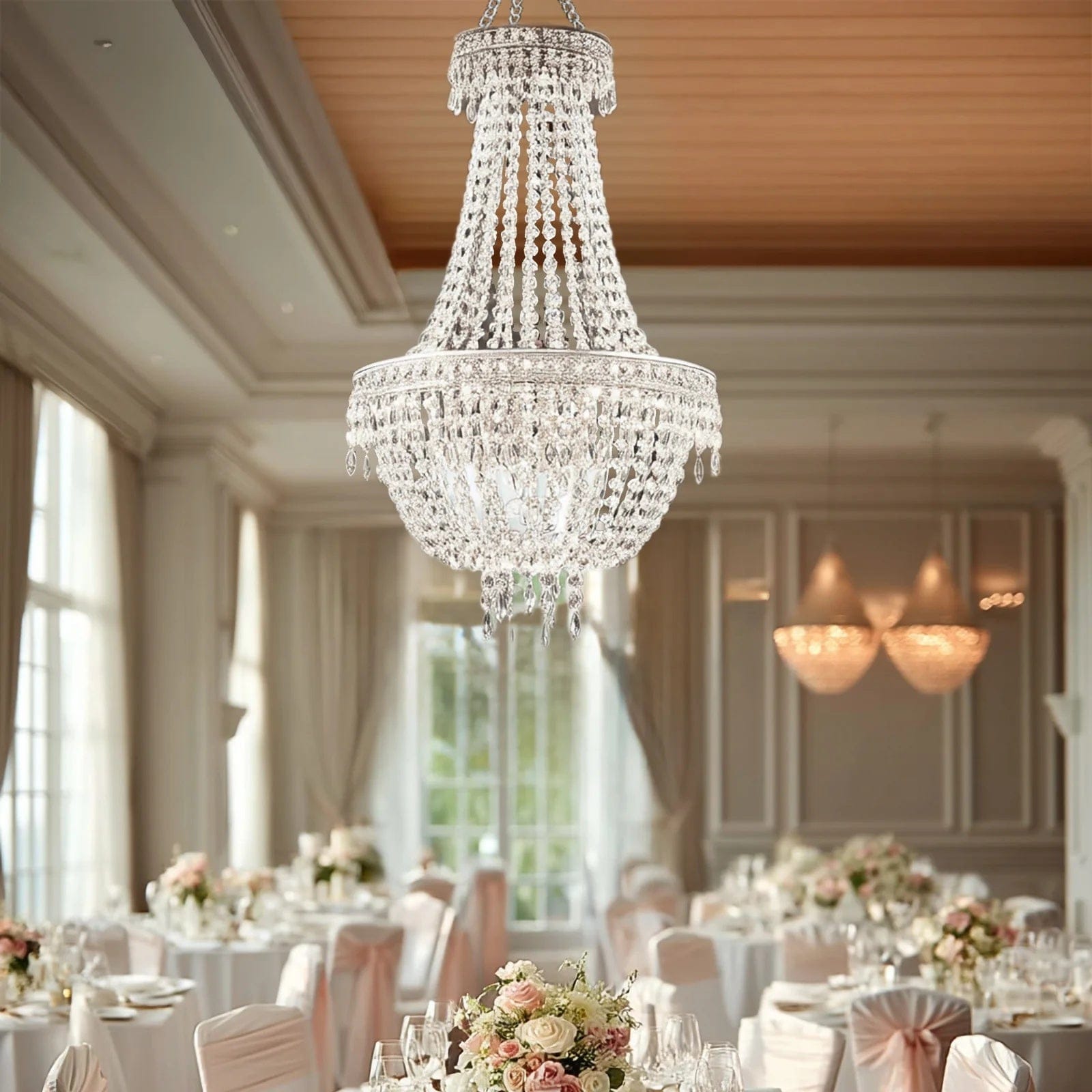 Clear Beaded Crystal Chandelier with Ornate Metal Frame