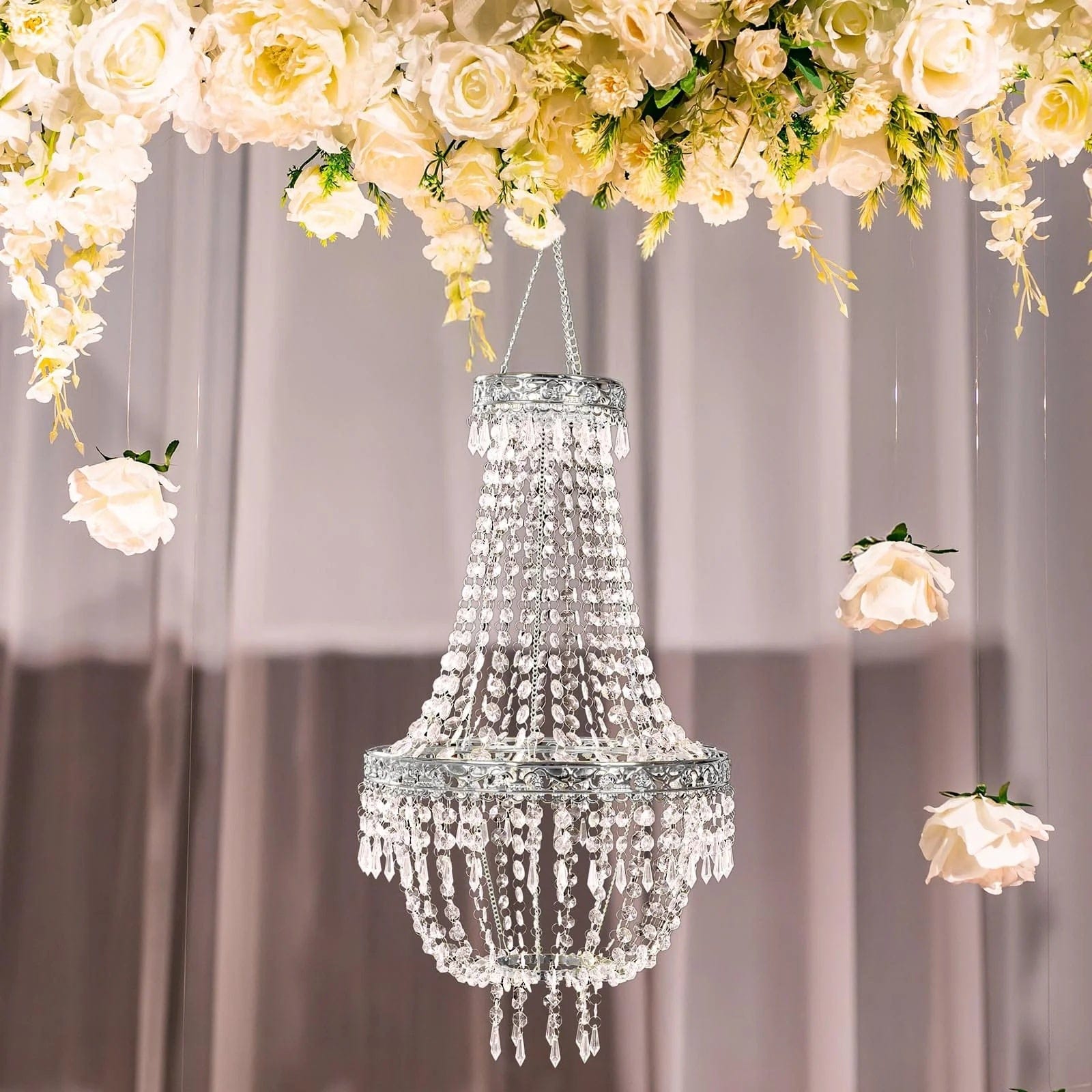 Clear Beaded Crystal Chandelier with Ornate Metal Frame