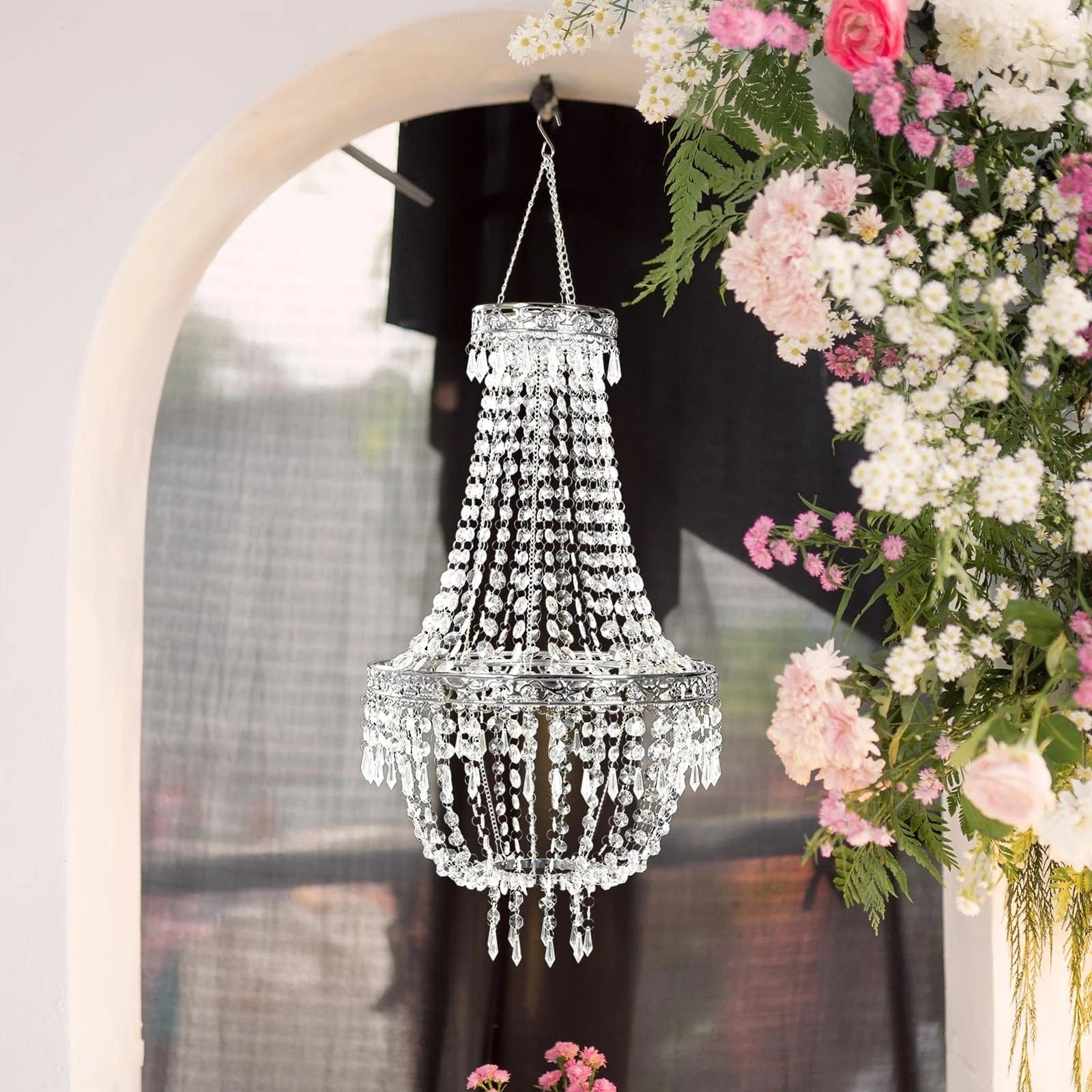 Clear Beaded Crystal Chandelier with Ornate Metal Frame