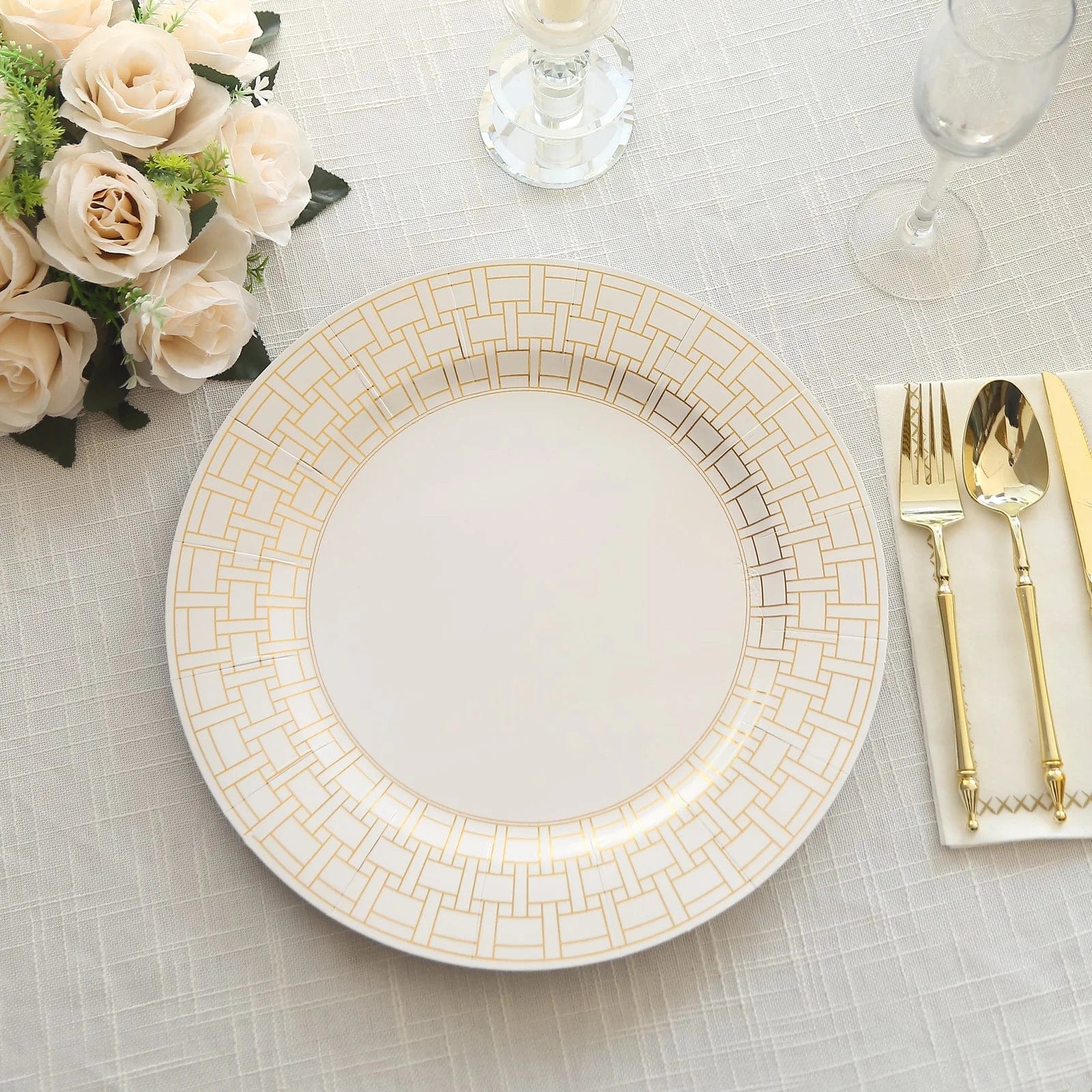 10 White Disposable Paper Charger Plates with Gold Basketweave Design Rim