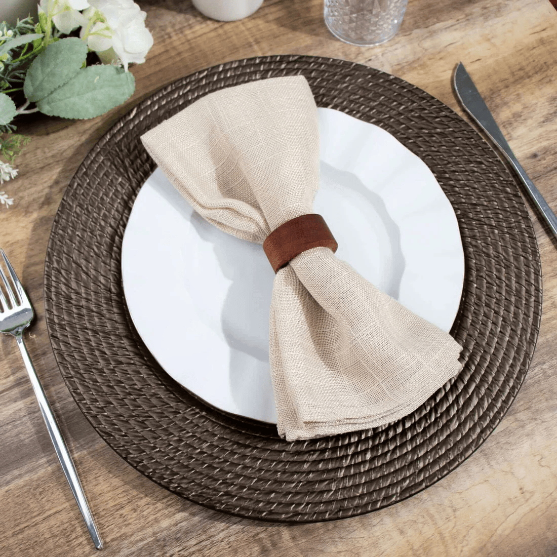 12 Brown 13 in Round Rattan-Like Plastic Charger Plates