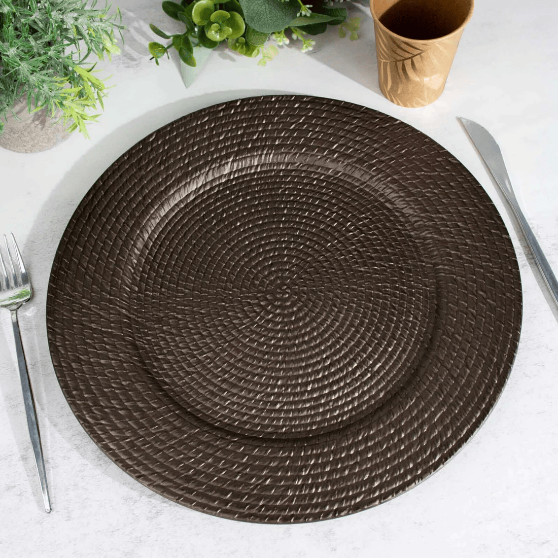 12 Brown 13 in Round Rattan-Like Plastic Charger Plates
