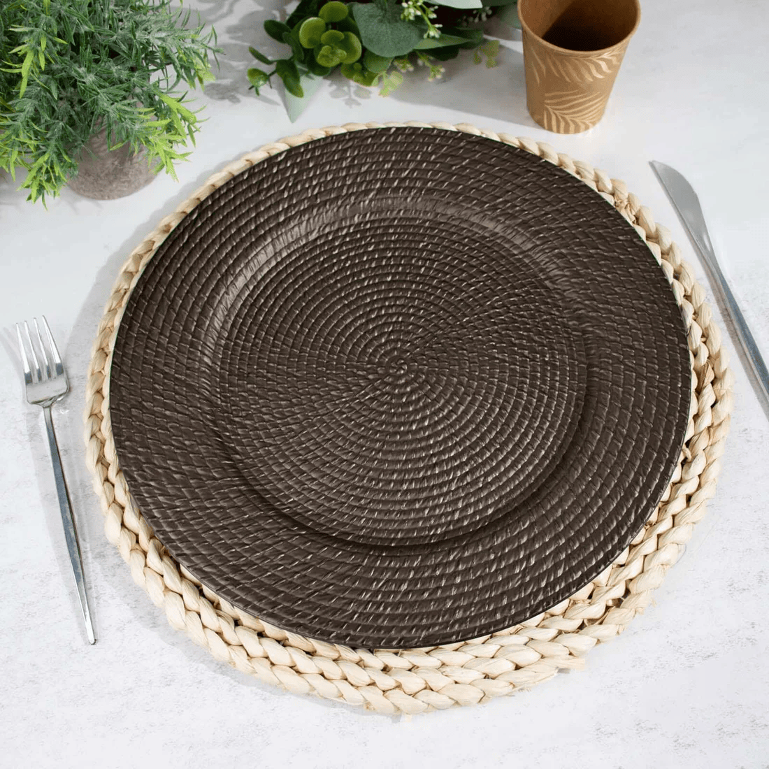 12 Brown 13 in Round Rattan-Like Plastic Charger Plates
