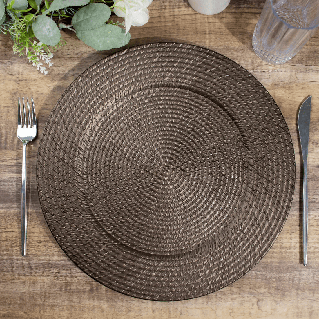 12 Brown 13 in Round Rattan-Like Plastic Charger Plates