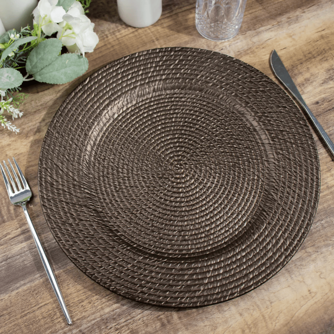 12 Brown 13 in Round Rattan-Like Plastic Charger Plates