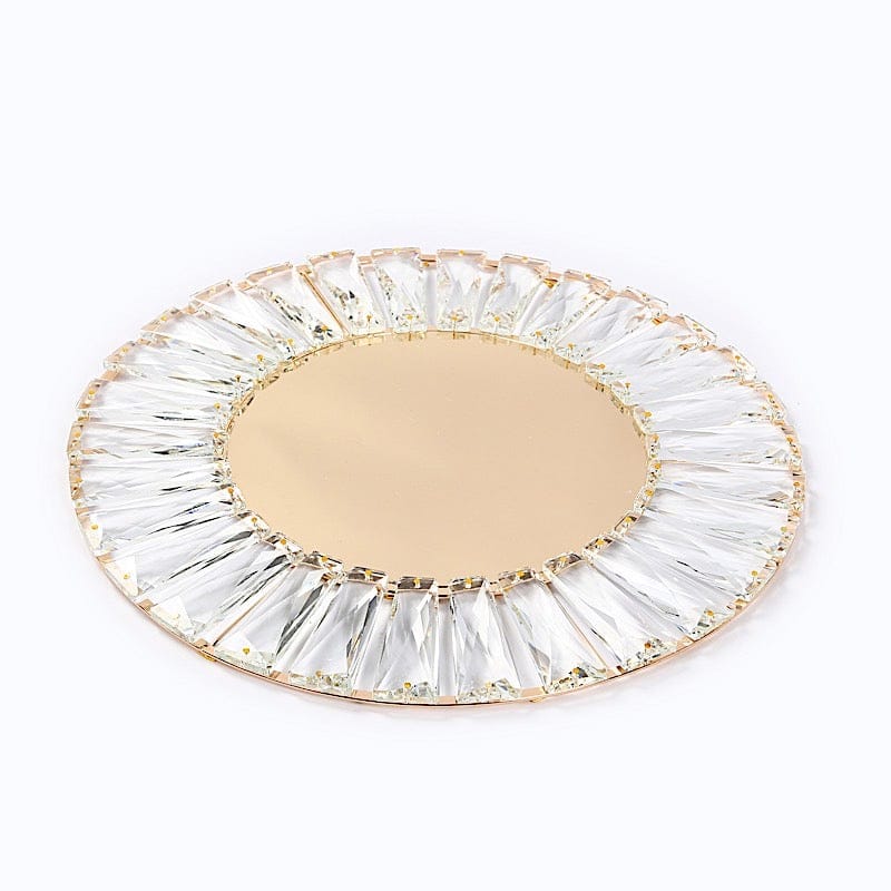 2 pcs 14 in Round Crystal Pendant Metal Charger Plates with Gold Mirror Glass