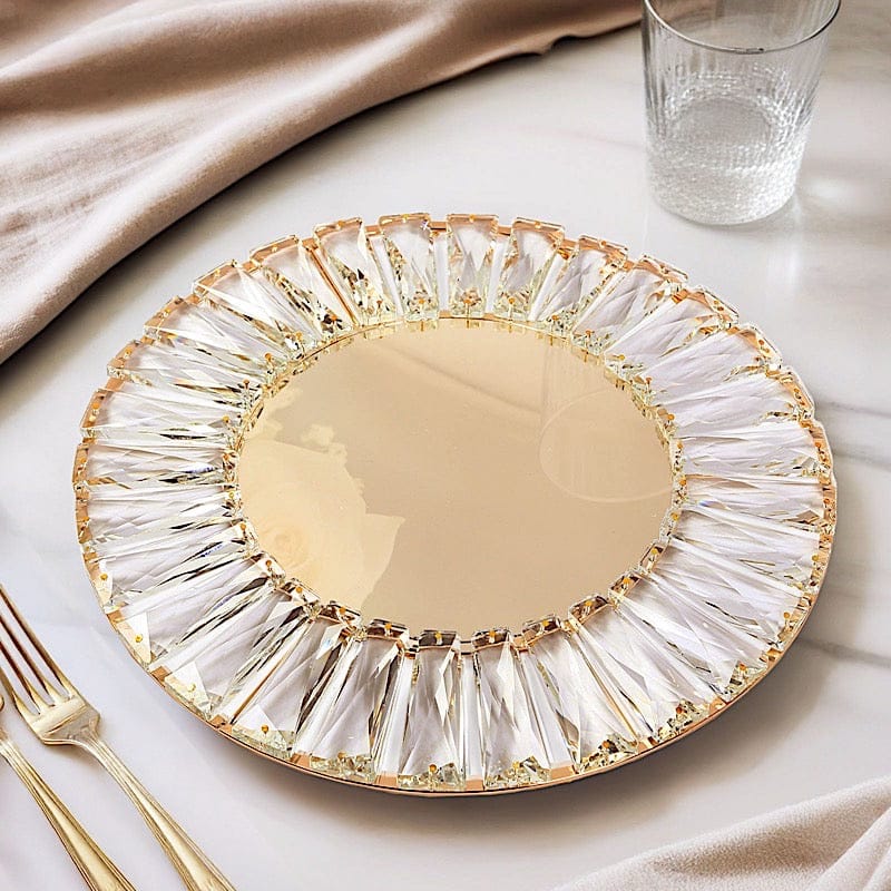 2 pcs 14 in Round Crystal Pendant Metal Charger Plates with Gold Mirror Glass
