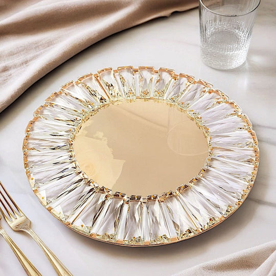 2 pcs 14 in Round Crystal Pendant Metal Charger Plates with Gold Mirror Glass