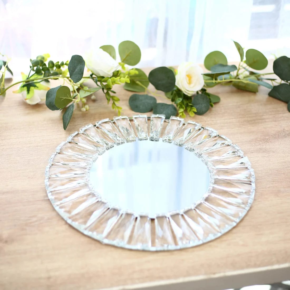 2 pcs 14 in Round Crystal Pendant Metal Charger Plates with Gold Mirror Glass
