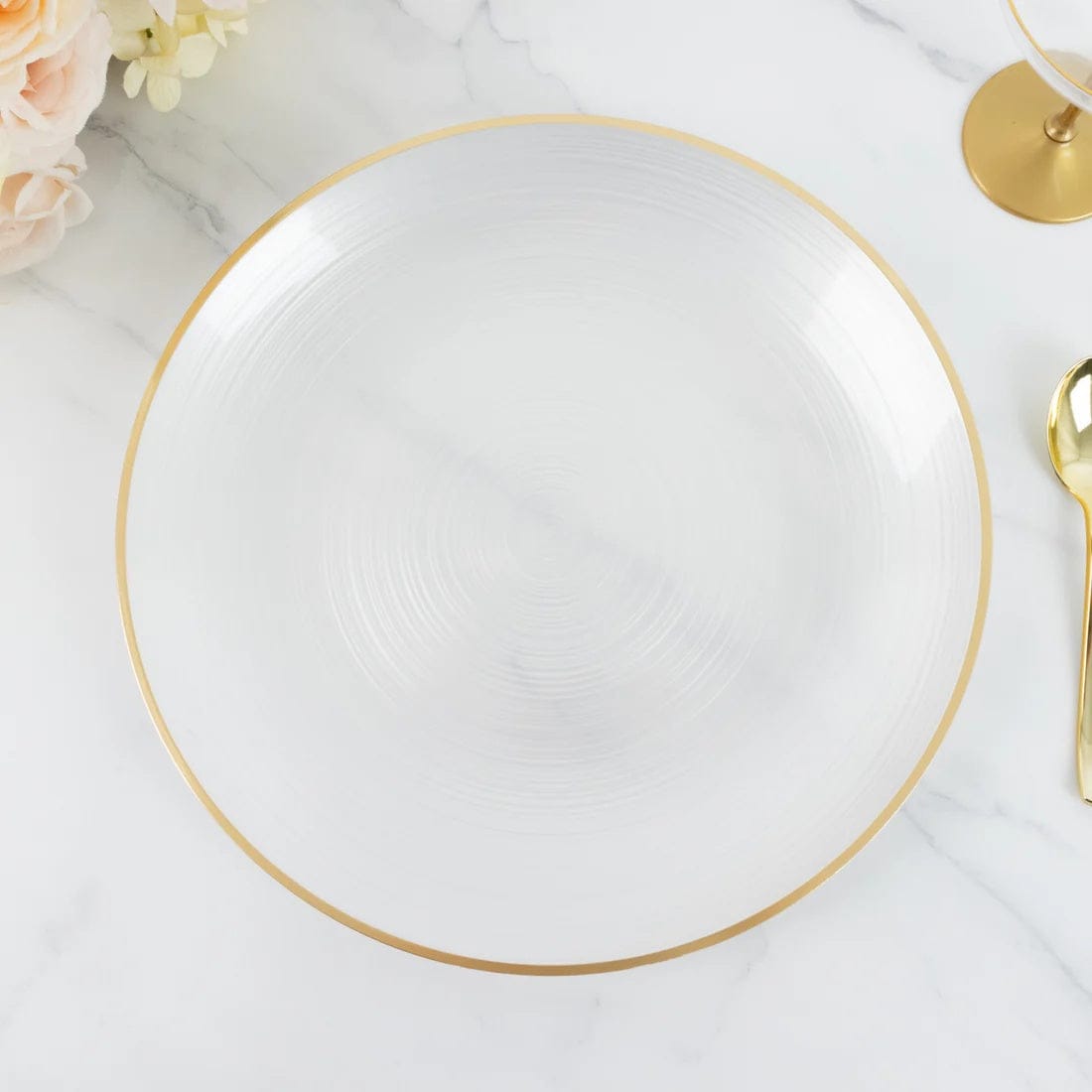 20 Transparent 13 in Round Plastic Charger Plates Swirl Design with Gold Rim