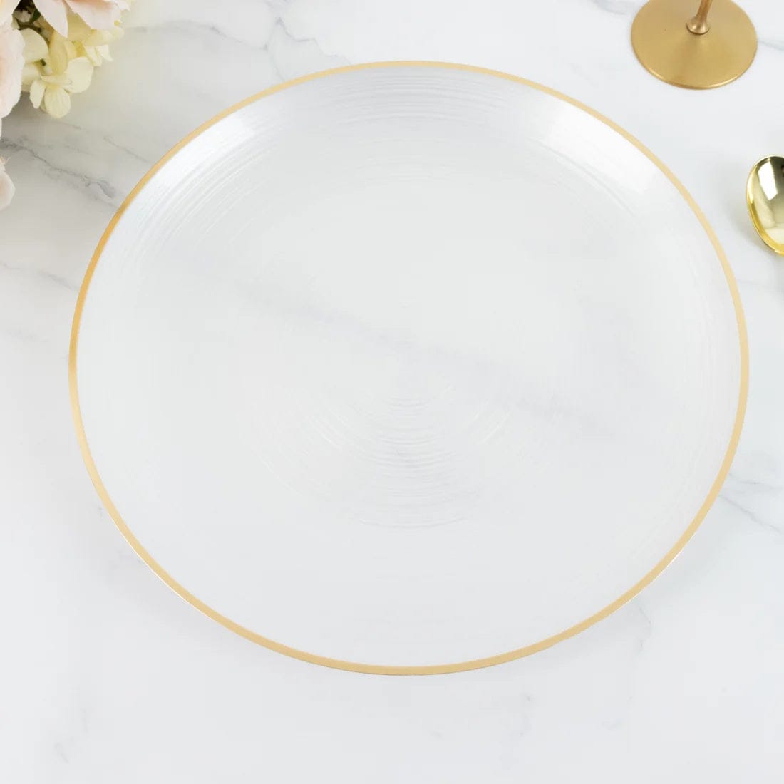 20 Transparent 13 in Round Plastic Charger Plates Swirl Design with Gold Rim