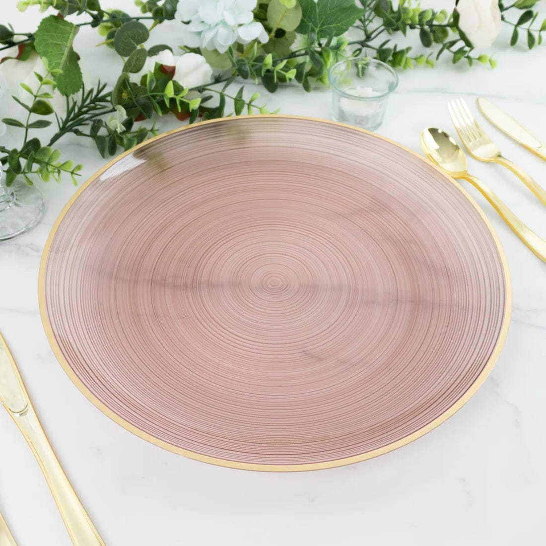 20 Transparent 13 in Round Plastic Charger Plates Swirl Design with Gold Rim