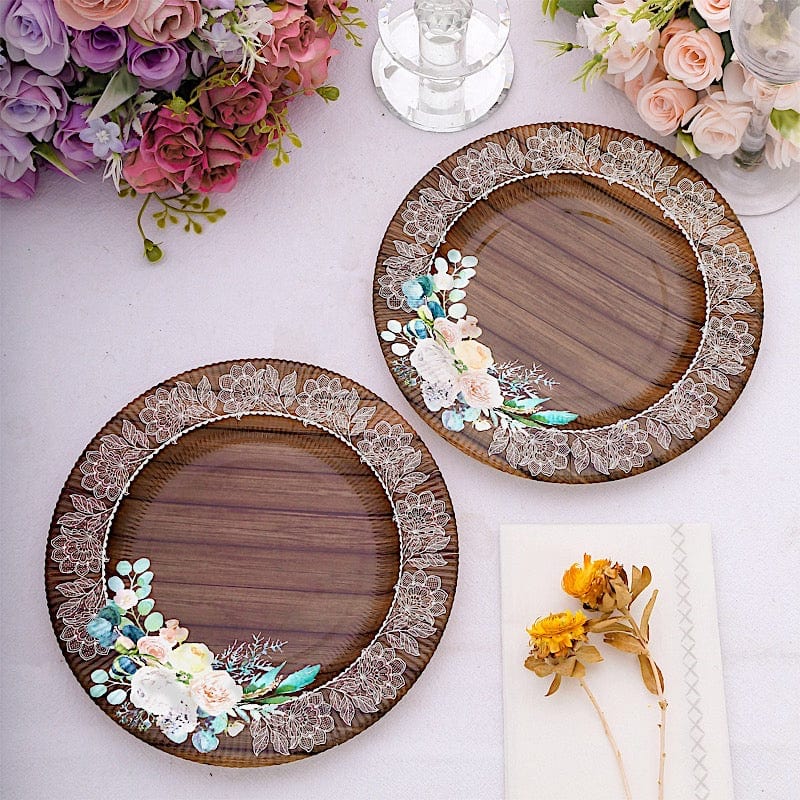 25 Brown 13 in Round Wooden Paper Charger Plates with Floral Lace Trim