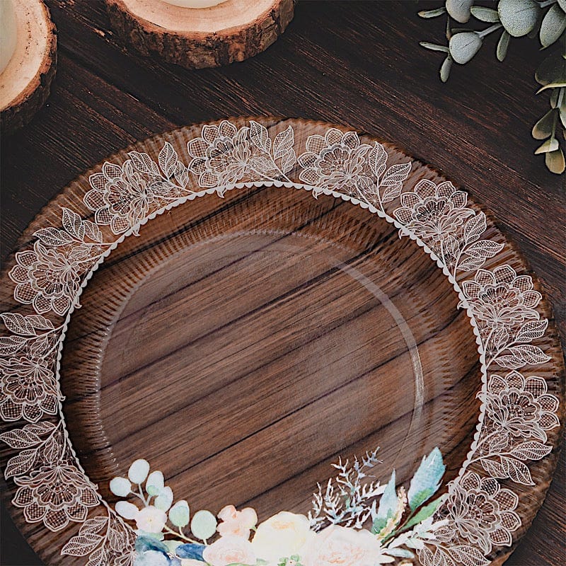 25 Brown 13 in Round Wooden Paper Charger Plates with Floral Lace Trim