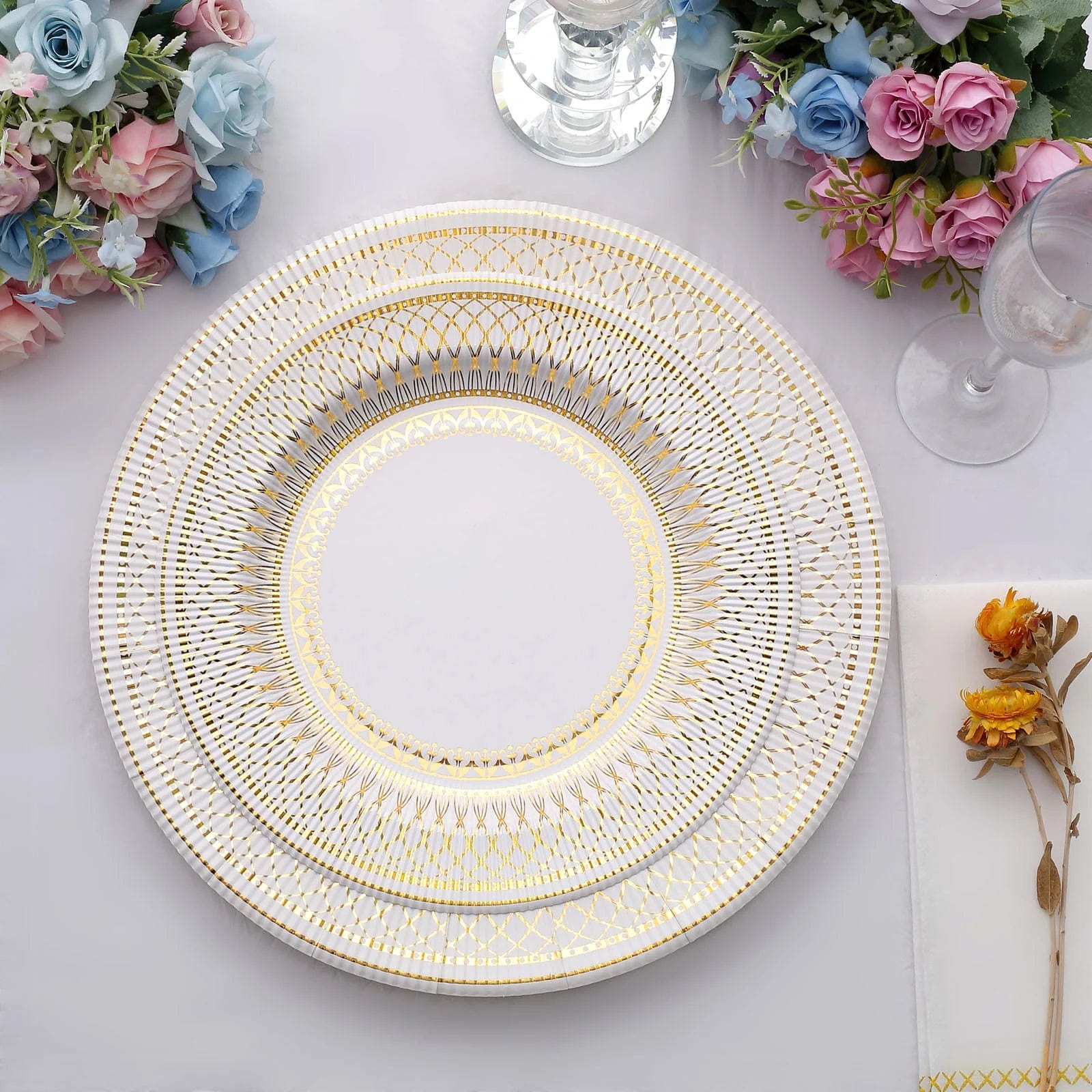 25 White 13 in Round Disposable Paper Charger Plates Gold Vintage Design