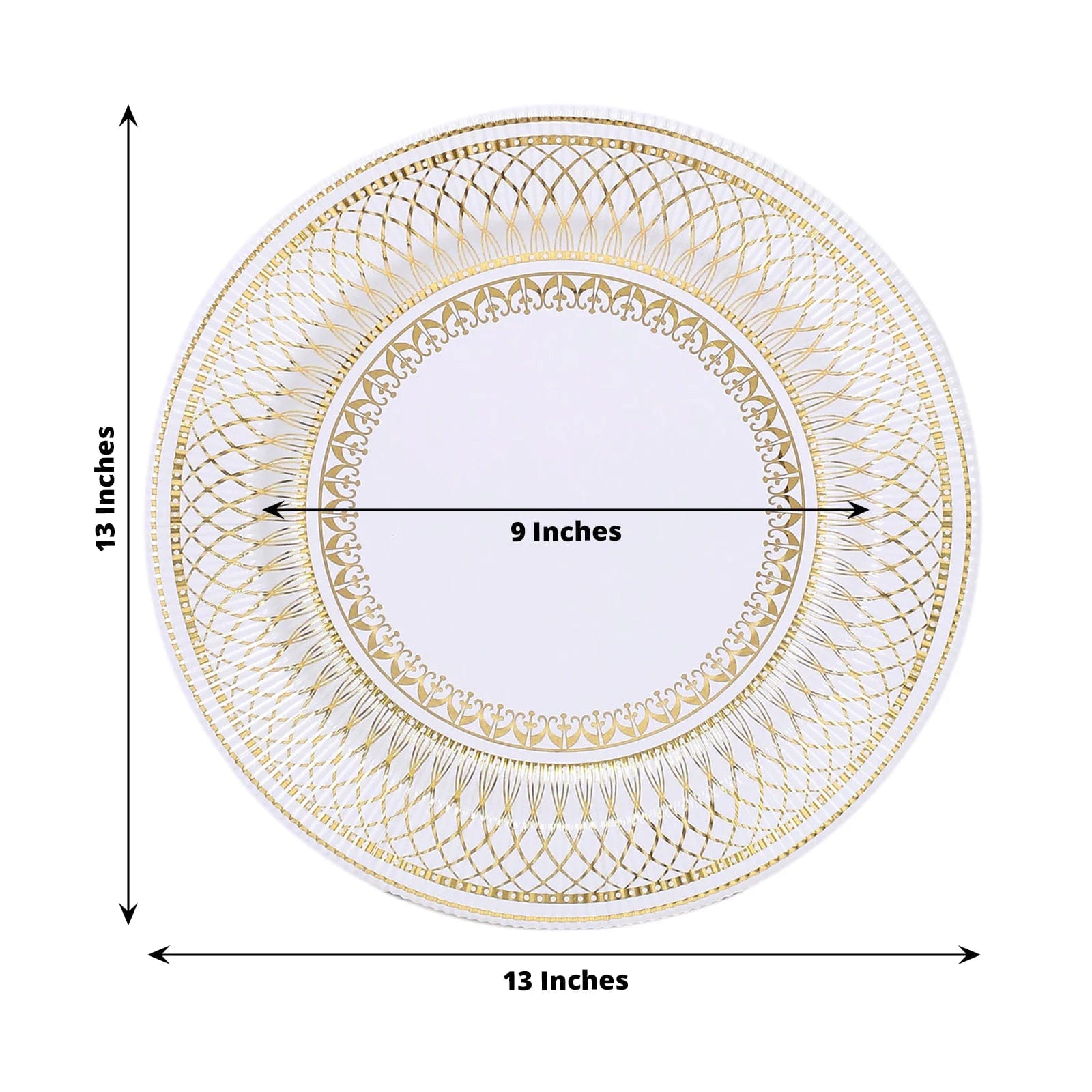 25 White 13 in Round Disposable Paper Charger Plates Gold Vintage Design