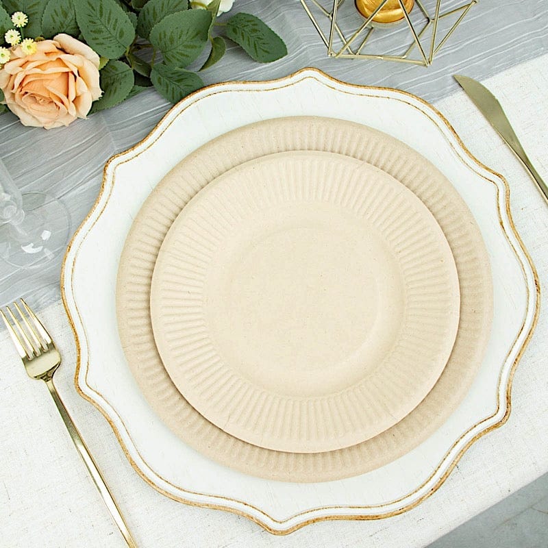 50 Natural Round Sustainable Bagasse Disposable Salad and Dinner Plates with Ribbed Rim
