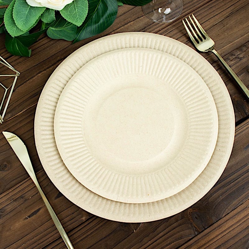 50 Natural Round Sustainable Bagasse Disposable Salad and Dinner Plates with Ribbed Rim