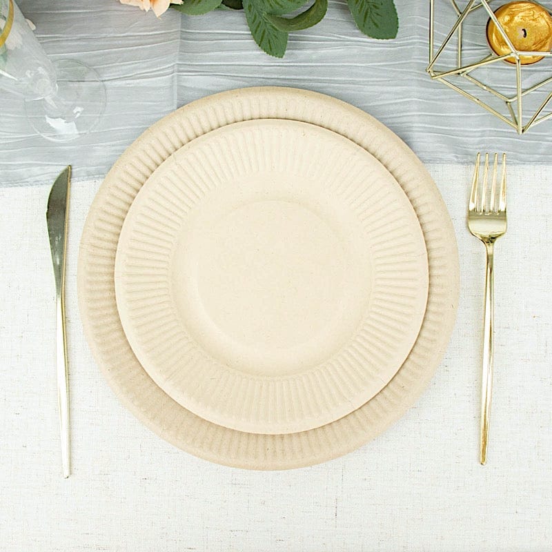 50 Natural Round Sustainable Bagasse Disposable Salad and Dinner Plates with Ribbed Rim