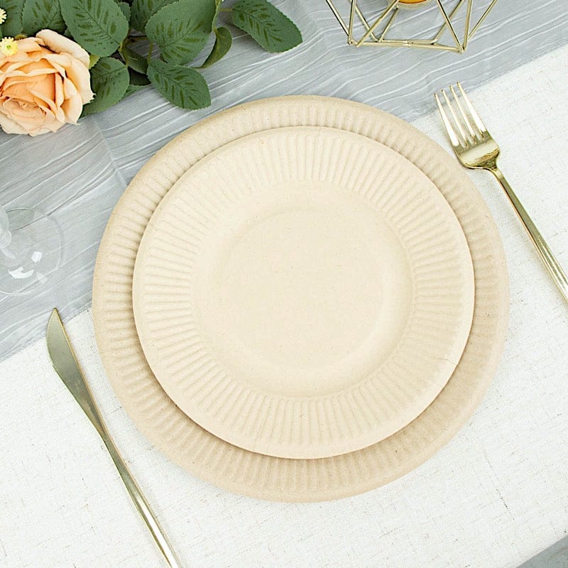 50 Natural Round Sustainable Bagasse Disposable Salad and Dinner Plates with Ribbed Rim