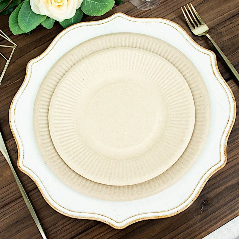 50 Natural Round Sustainable Bagasse Disposable Salad and Dinner Plates with Ribbed Rim