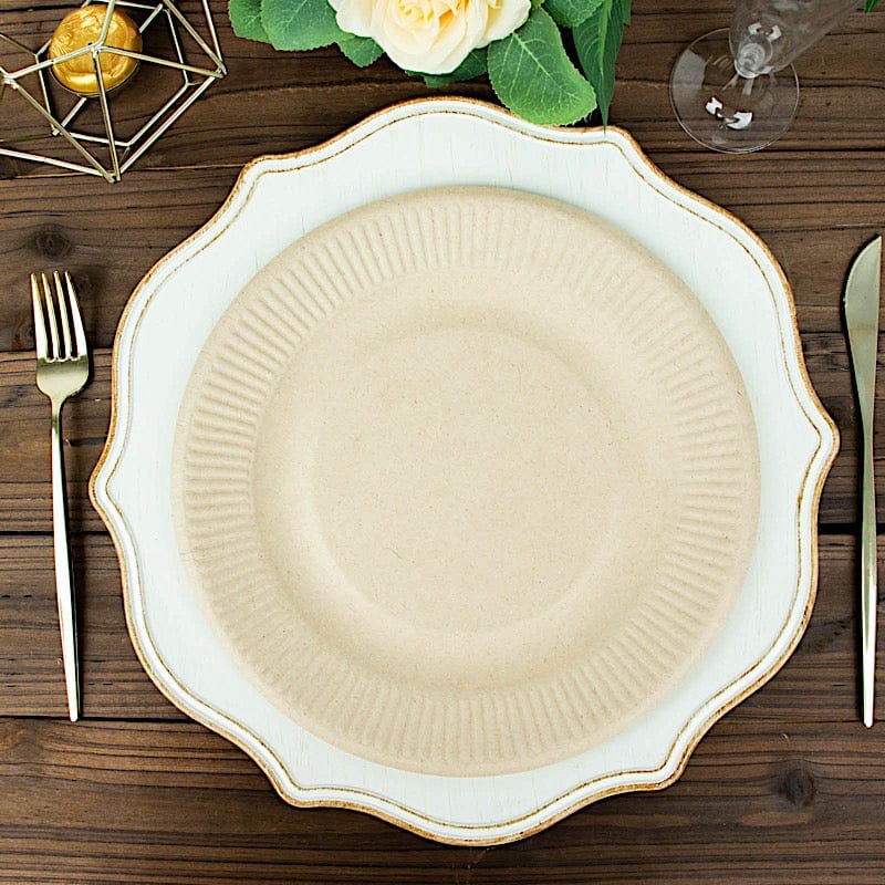 50 Natural Round Sustainable Bagasse Disposable Salad and Dinner Plates with Ribbed Rim