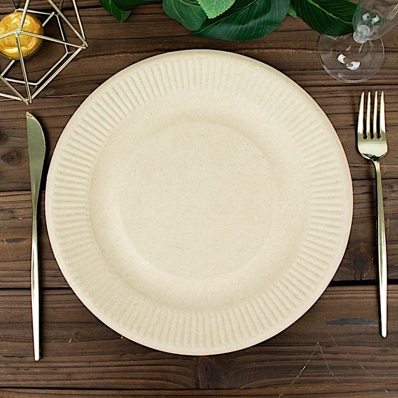 50 Natural Round Sustainable Bagasse Disposable Salad and Dinner Plates with Ribbed Rim