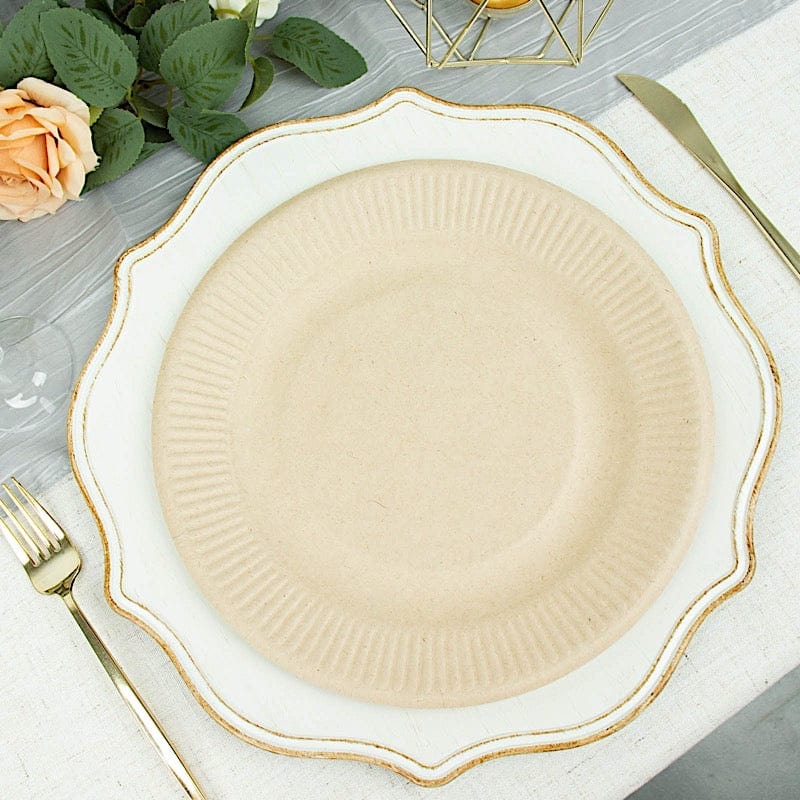 50 Natural Round Sustainable Bagasse Disposable Salad and Dinner Plates with Ribbed Rim