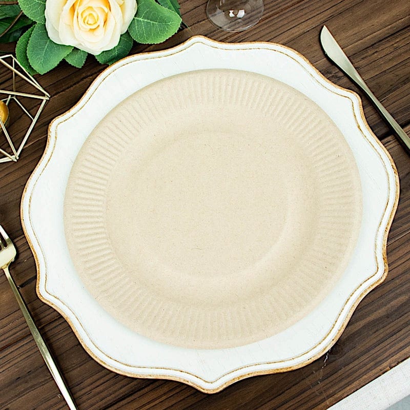 50 Natural Round Sustainable Bagasse Disposable Salad and Dinner Plates with Ribbed Rim