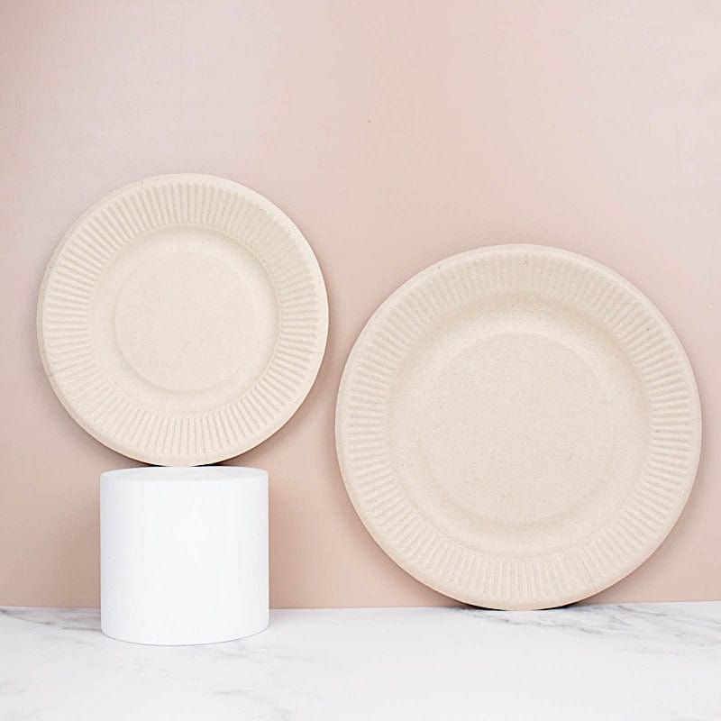 50 Natural Round Sustainable Bagasse Disposable Salad and Dinner Plates with Ribbed Rim