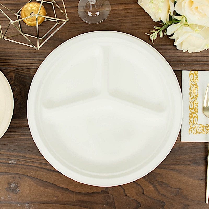 50 White 10 in Round 3 Compartment Sustainable Bagasse Disposable Dinner Plates