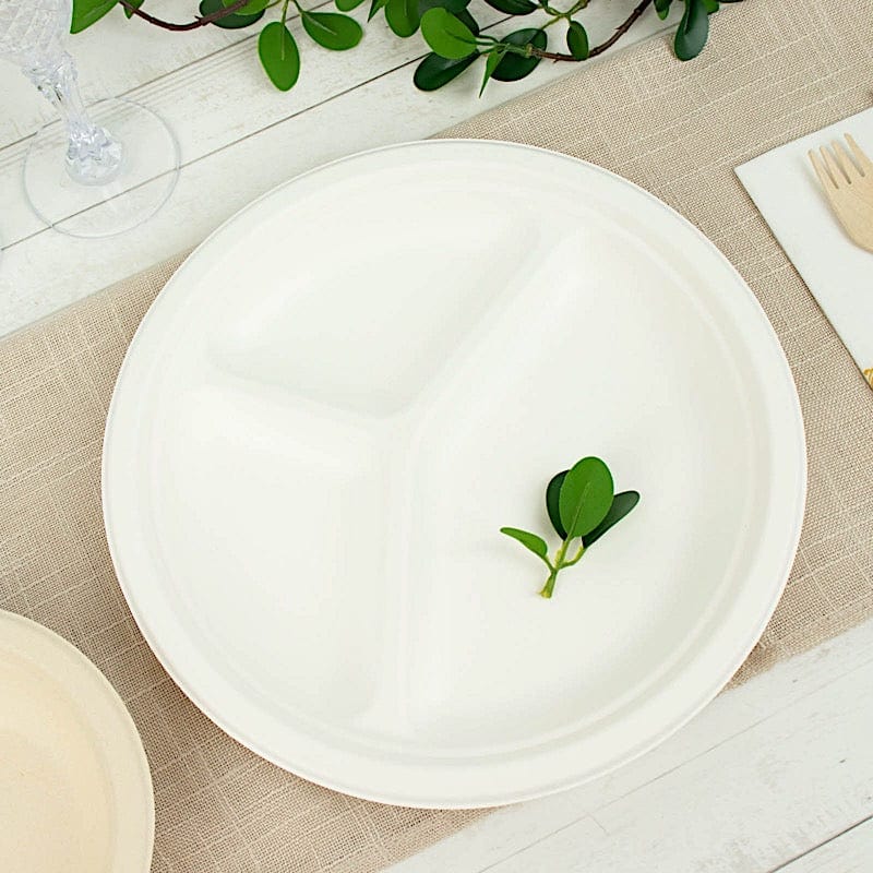 50 White 10 in Round 3 Compartment Sustainable Bagasse Disposable Dinner Plates