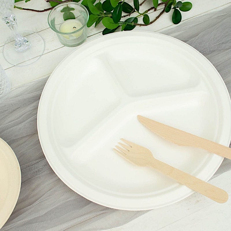 50 White 10 in Round 3 Compartment Sustainable Bagasse Disposable Dinner Plates