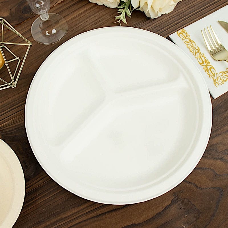 50 White 10 in Round 3 Compartment Sustainable Bagasse Disposable Dinner Plates