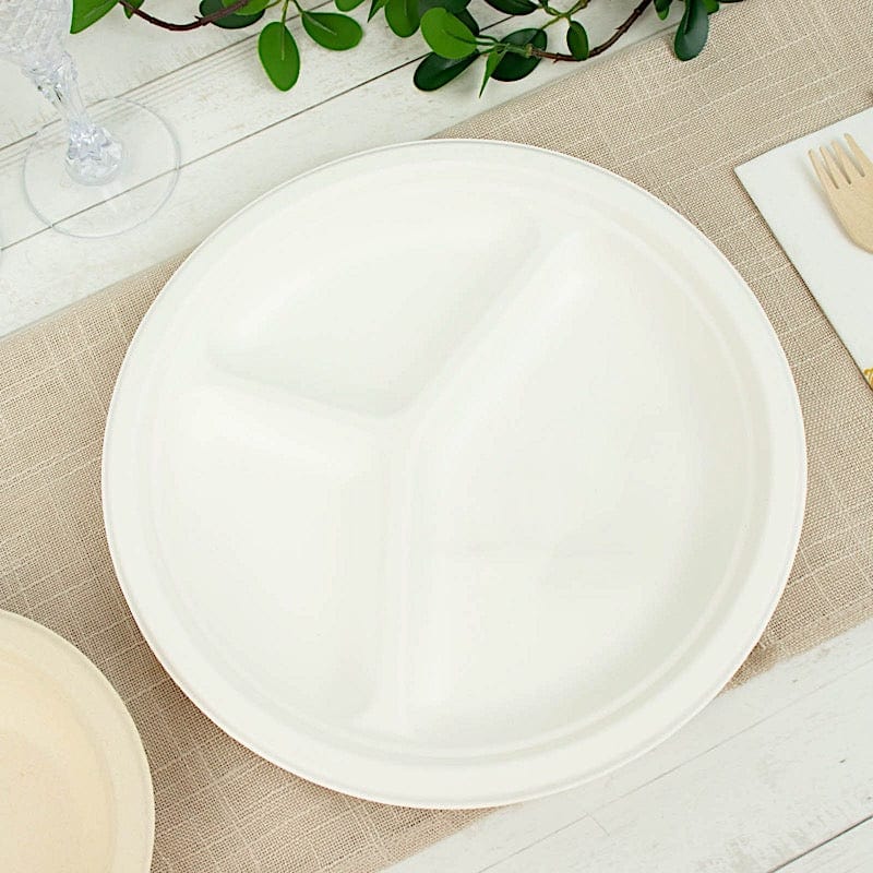 50 White 10 in Round 3 Compartment Sustainable Bagasse Disposable Dinner Plates
