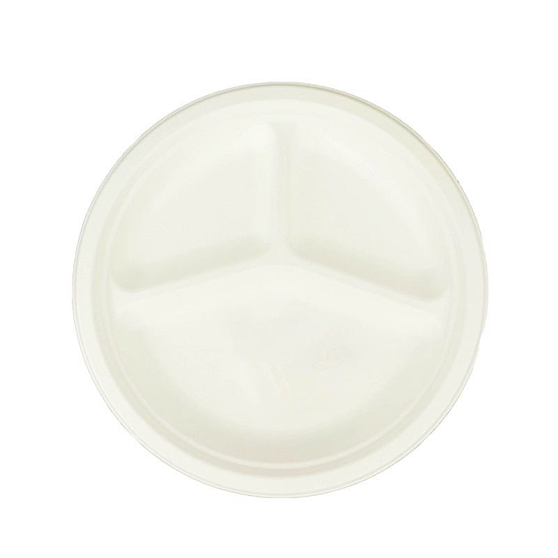 50 White 10 in Round 3 Compartment Sustainable Bagasse Disposable Dinner Plates