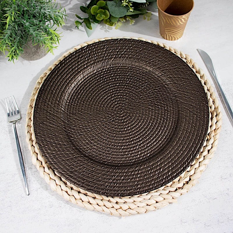 6 Brown 13 in Round Rattan-Like Plastic Charger Plates