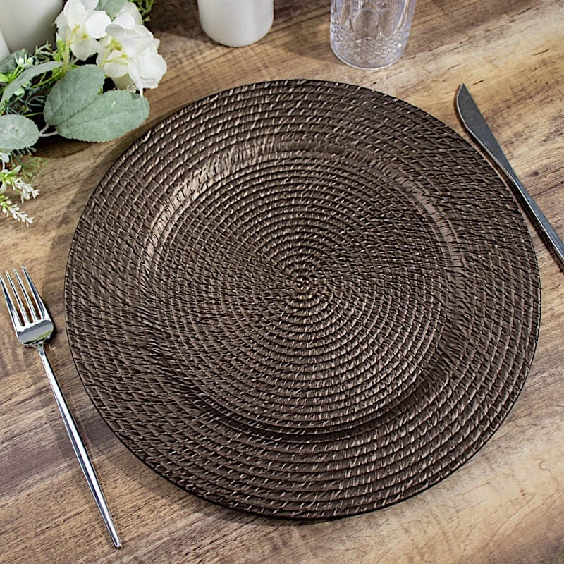 6 Brown 13 in Round Rattan-Like Plastic Charger Plates