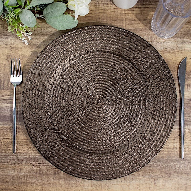 6 Brown 13 in Round Rattan-Like Plastic Charger Plates