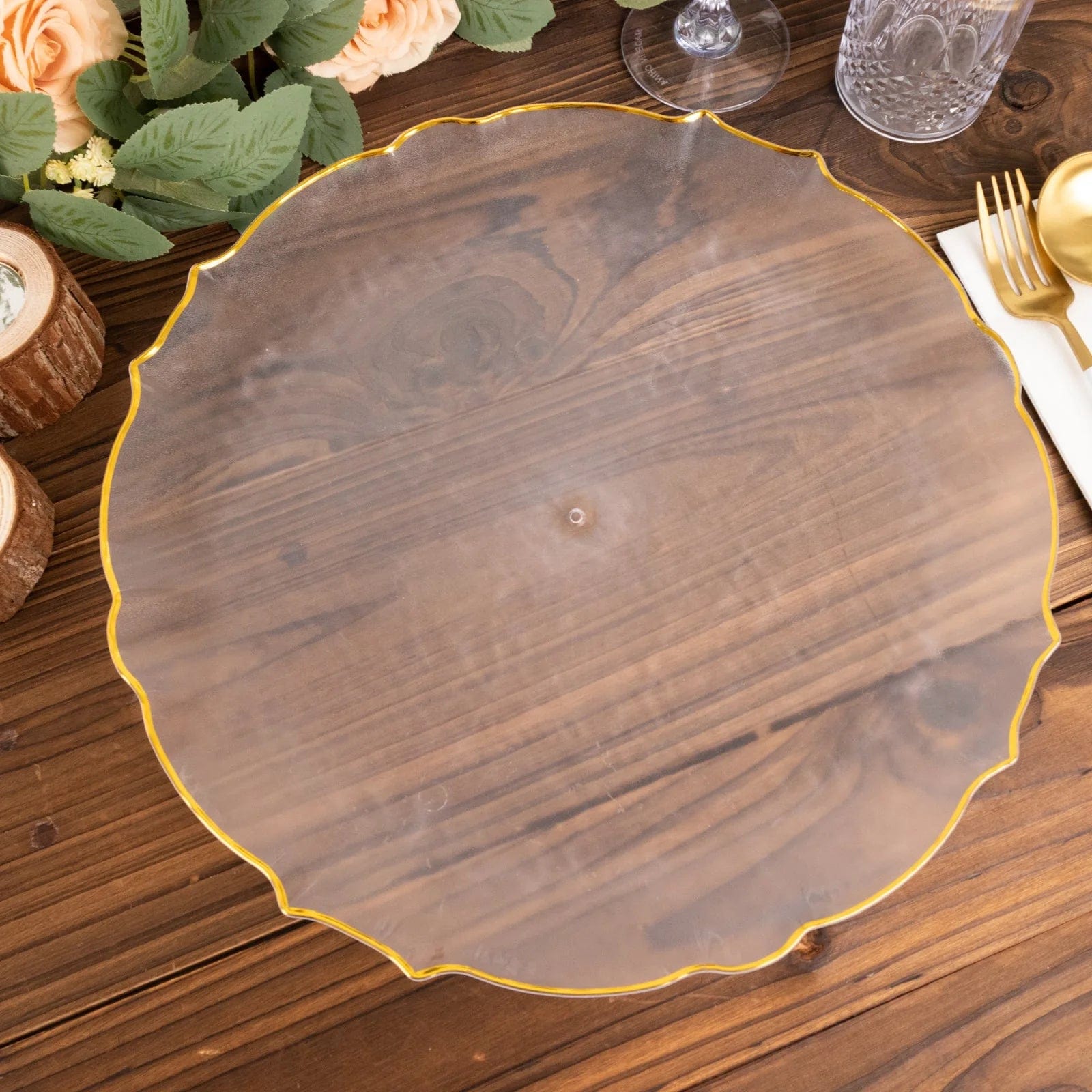 6 Clear 13 in Round Plastic Charger Plates with Gold Scalloped Rim