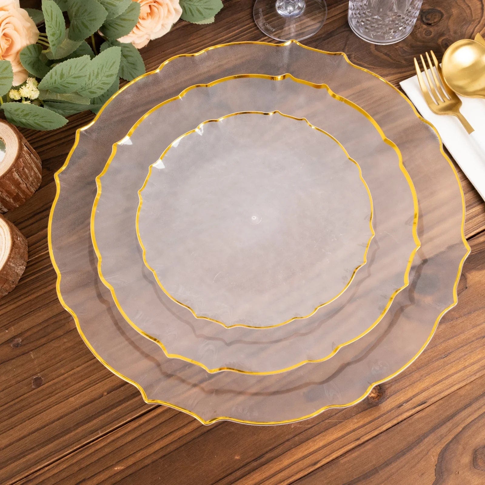 6 Clear 13 in Round Plastic Charger Plates with Gold Scalloped Rim