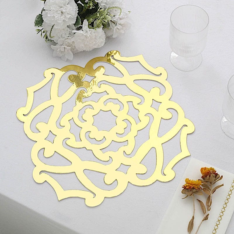 6 Metallic Gold 13 in Disposable Cardboard Placemats Laser Cut Flower Design