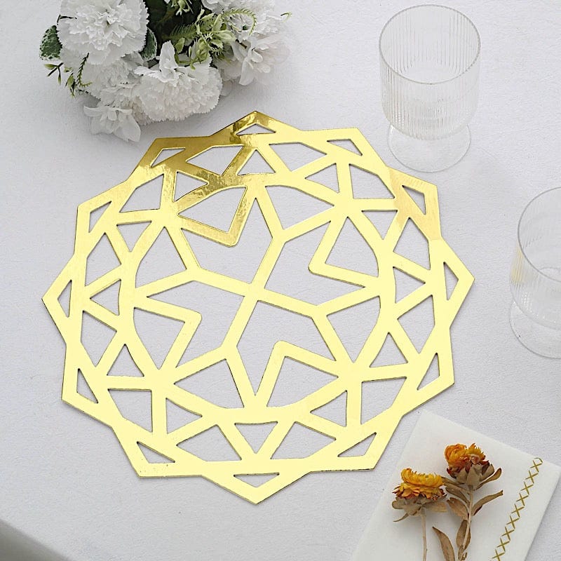 6 Metallic Gold 13 in Disposable Cardboard Placemats Laser Cut Geometric Star Design