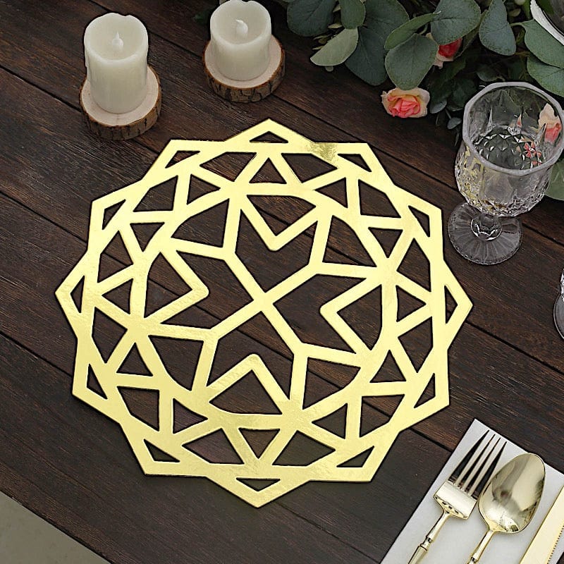 6 Metallic Gold 13 in Disposable Cardboard Placemats Laser Cut Geometric Star Design