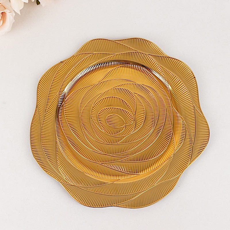 6 Gold 13 in Round Metallic Acrylic Plastic Charger Plates with Ribbed Rose Pattern