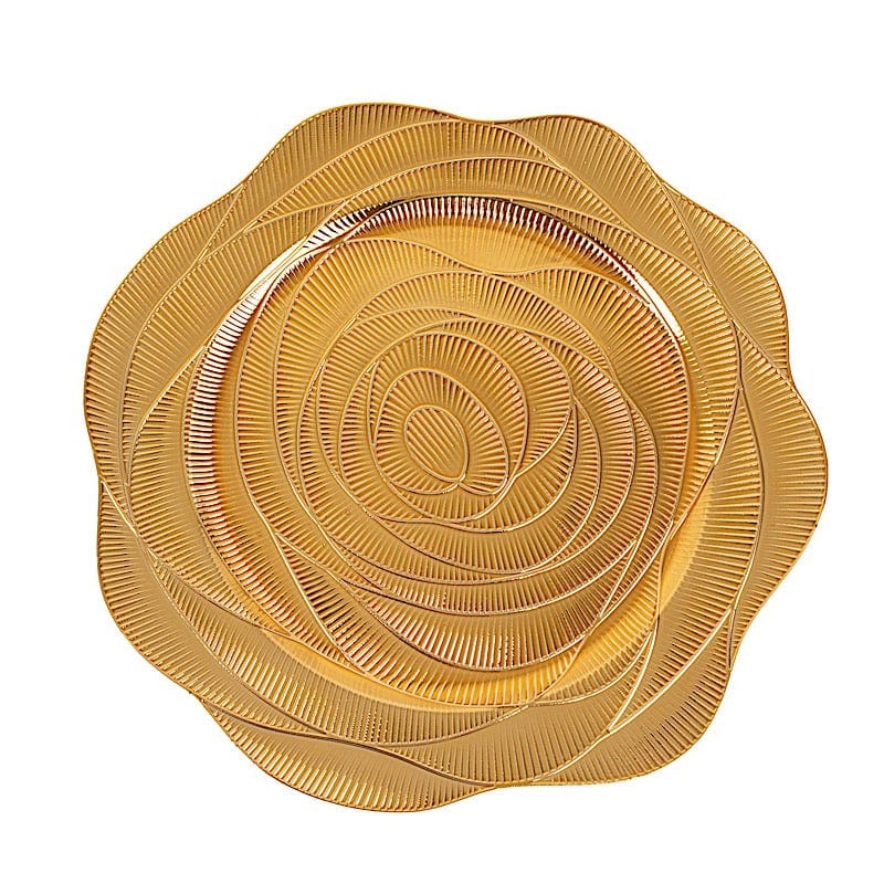 6 Gold 13 in Round Metallic Acrylic Plastic Charger Plates with Ribbed Rose Pattern