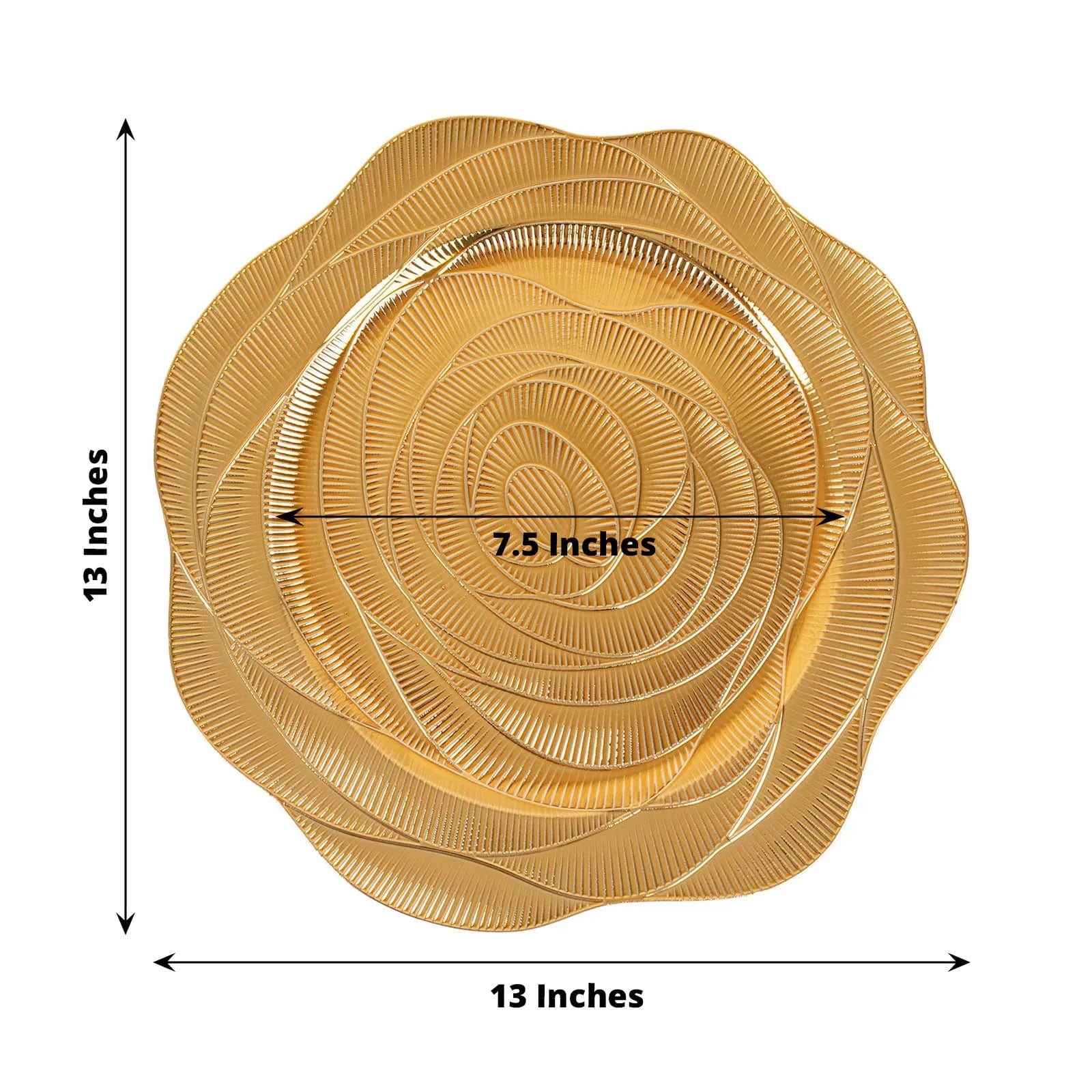 6 Gold 13 in Round Metallic Acrylic Plastic Charger Plates with Ribbed Rose Pattern